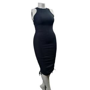 Derek Heart Black Ribbed High Neck Ruched Side Drawstring Midi Dress M